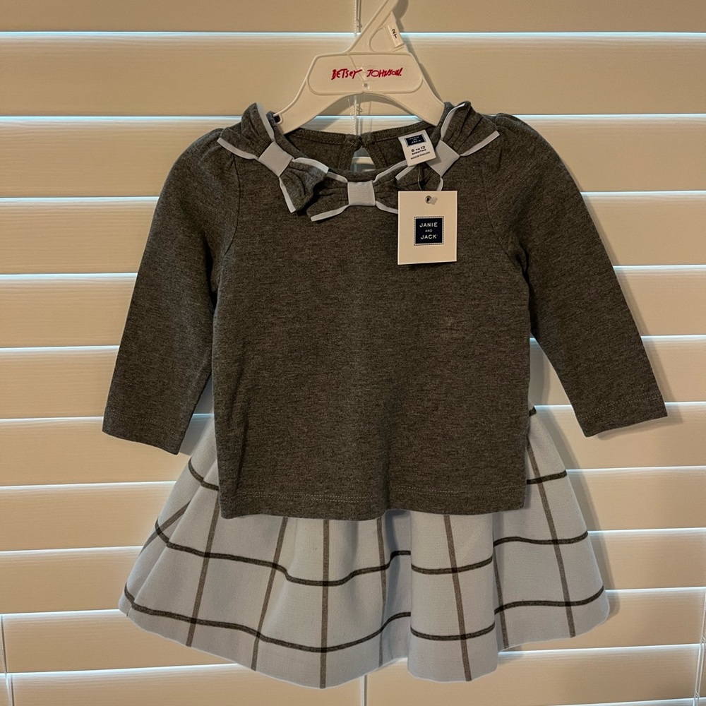 Janie & Jack gray 3/4 length top with bow details & Plaid Blue Skirt 3-12 months